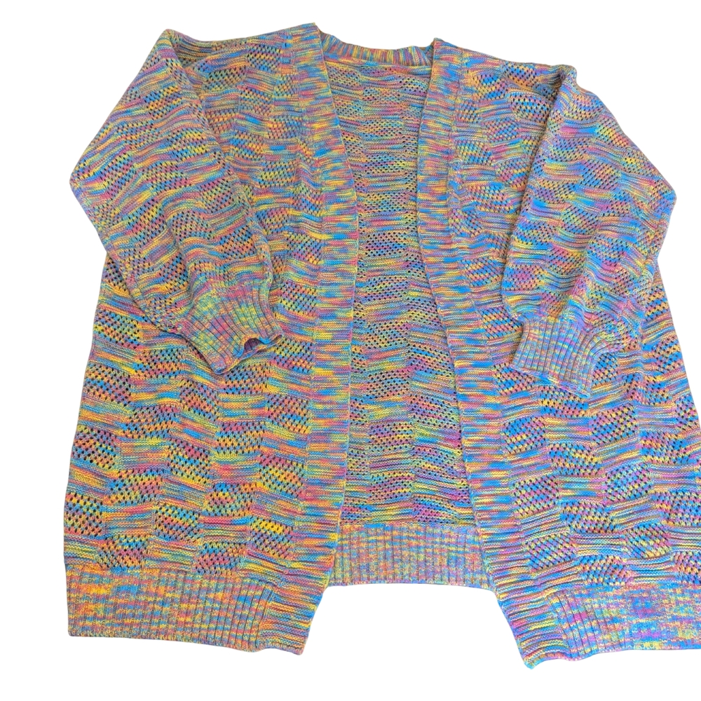 EUC Womens XL Pastel Knit Open Front Cardigan Sweater Pink Blue Yellow